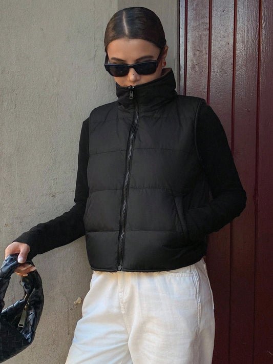 DAZY Vintage Slouchy High Collar Fleece Vest For Women, Zipper Thick Cotton Jacket For Autumn/Winter