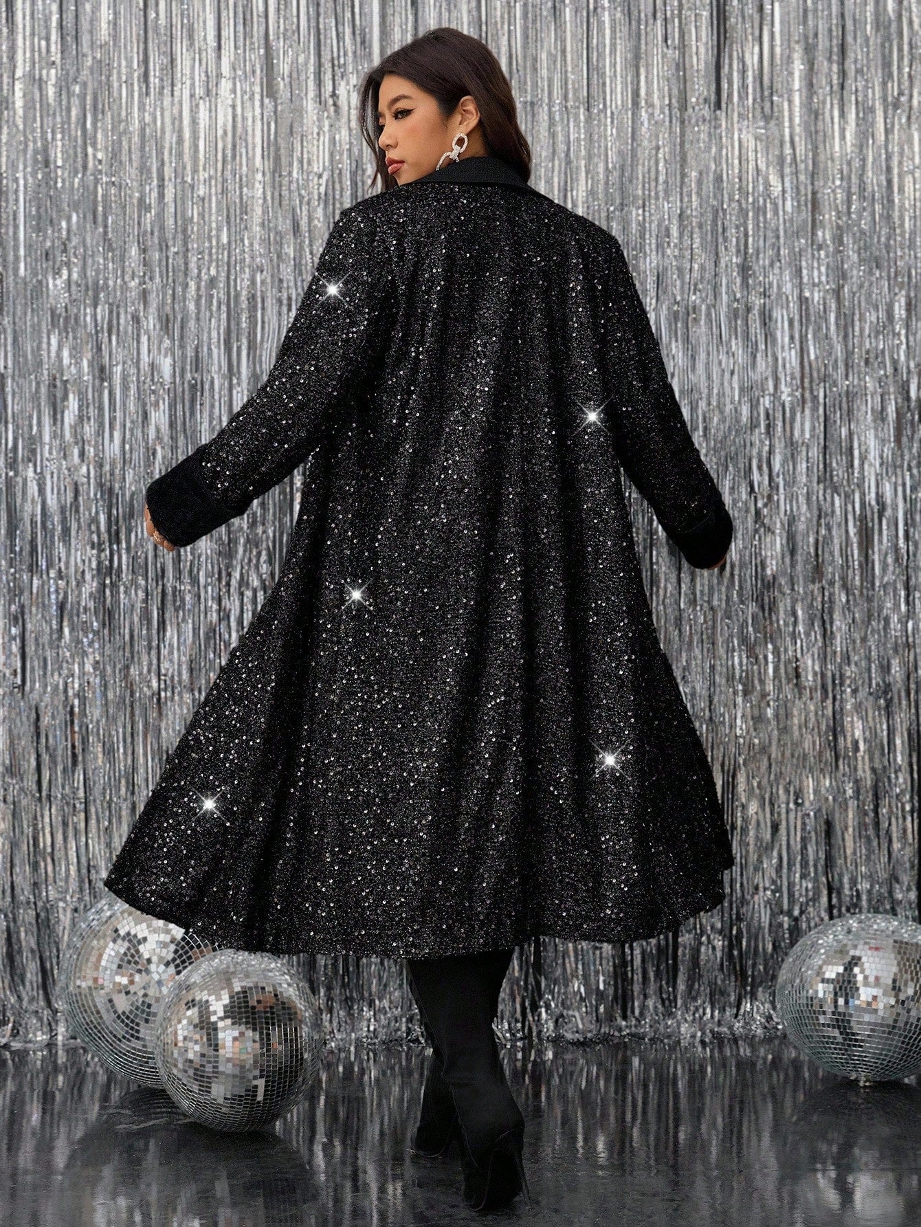 Gownix Curvy Plus Size Women's Black Elegant Sequin Double Pocket Lapel Long Coat, Warm And Fashionable Autumn And Winter, High Quality Fabric,Suitable For Multiple Occasions,2025 New,Fall Clothes For Women , Autumn Clothes , Winter Clothes For Women ,