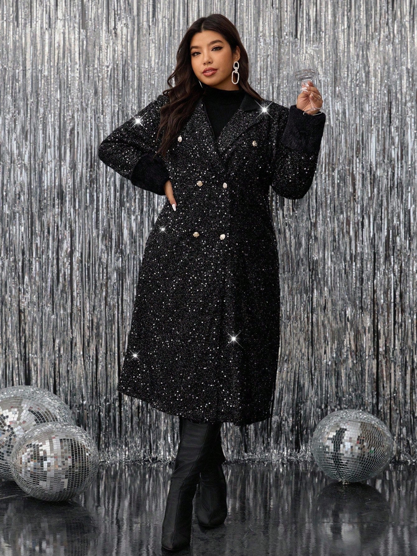 Gownix Curvy Plus Size Women's Black Elegant Sequin Double Pocket Lapel Long Coat, Warm And Fashionable Autumn And Winter, High Quality Fabric,Suitable For Multiple Occasions,2025 New,Fall Clothes For Women , Autumn Clothes , Winter Clothes For Women ,