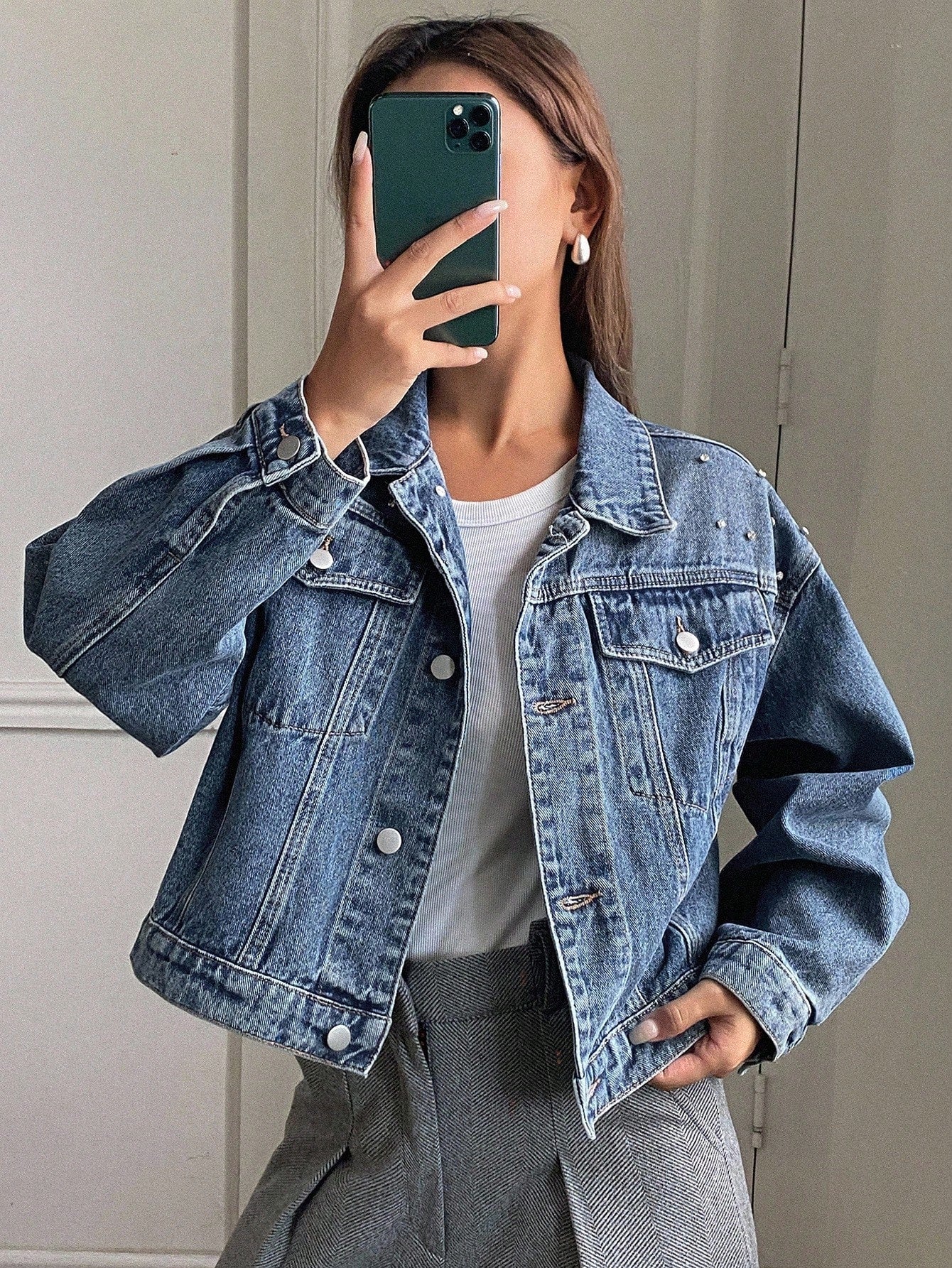Livesso Autumn/Winter New Loose Casual Thick Embellished Women Denim Jacket Outerwear