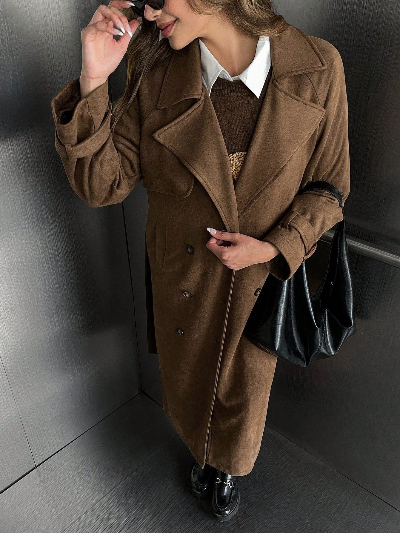 Autumn And Winter Elegant Women's Fashion Elegant Comfortable Casual Temperament Lady Vintage Simple Brown Commuter Windproof Warm Thickened Long Sleeve Pocket Button Ladies Trench Coat Jacket Long Coat