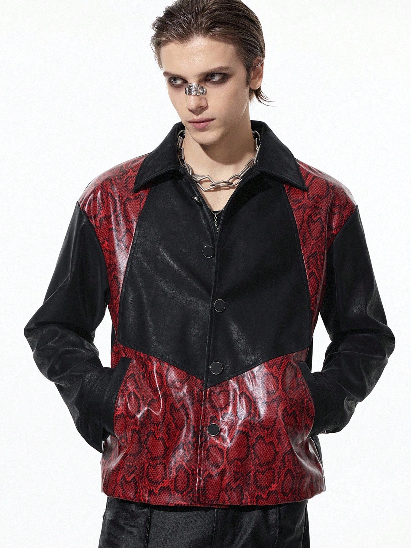 ROMWE MEN Goth Men's Patchwork Fashion Long Sleeve Vampire Style PU Leather Jacket, Fall Winter