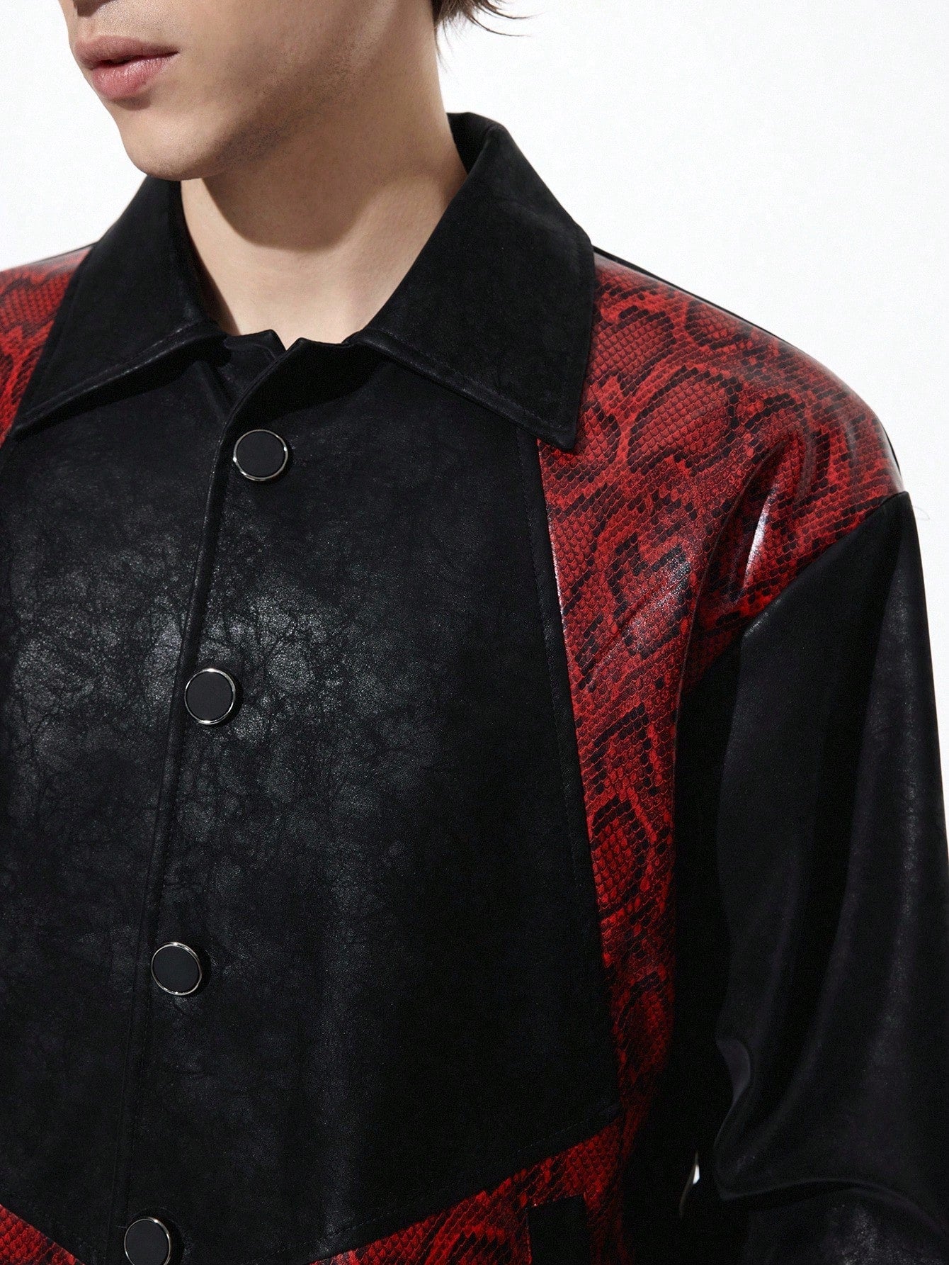 ROMWE MEN Goth Men's Patchwork Fashion Long Sleeve Vampire Style PU Leather Jacket, Fall Winter
