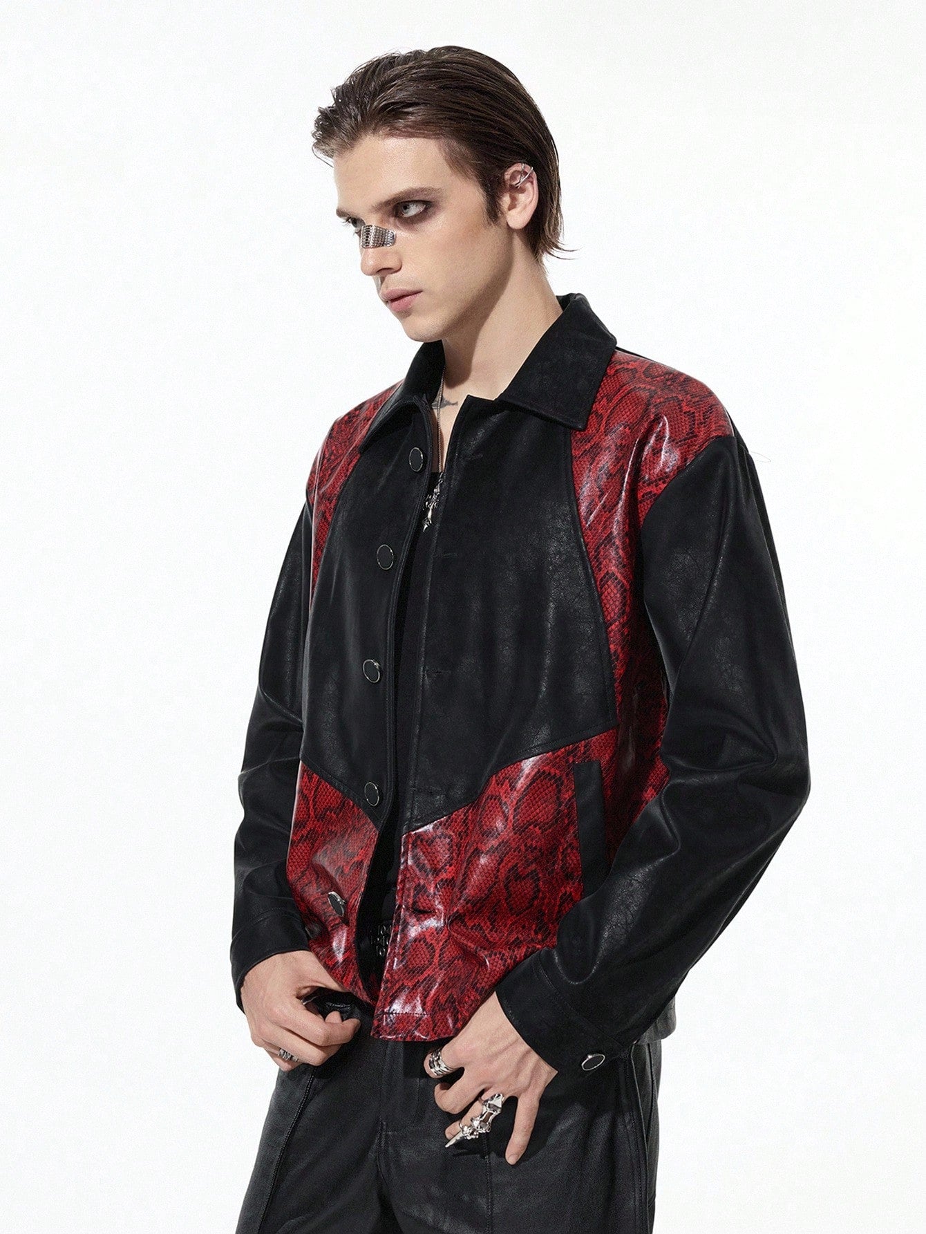 ROMWE MEN Goth Men's Patchwork Fashion Long Sleeve Vampire Style PU Leather Jacket, Fall Winter