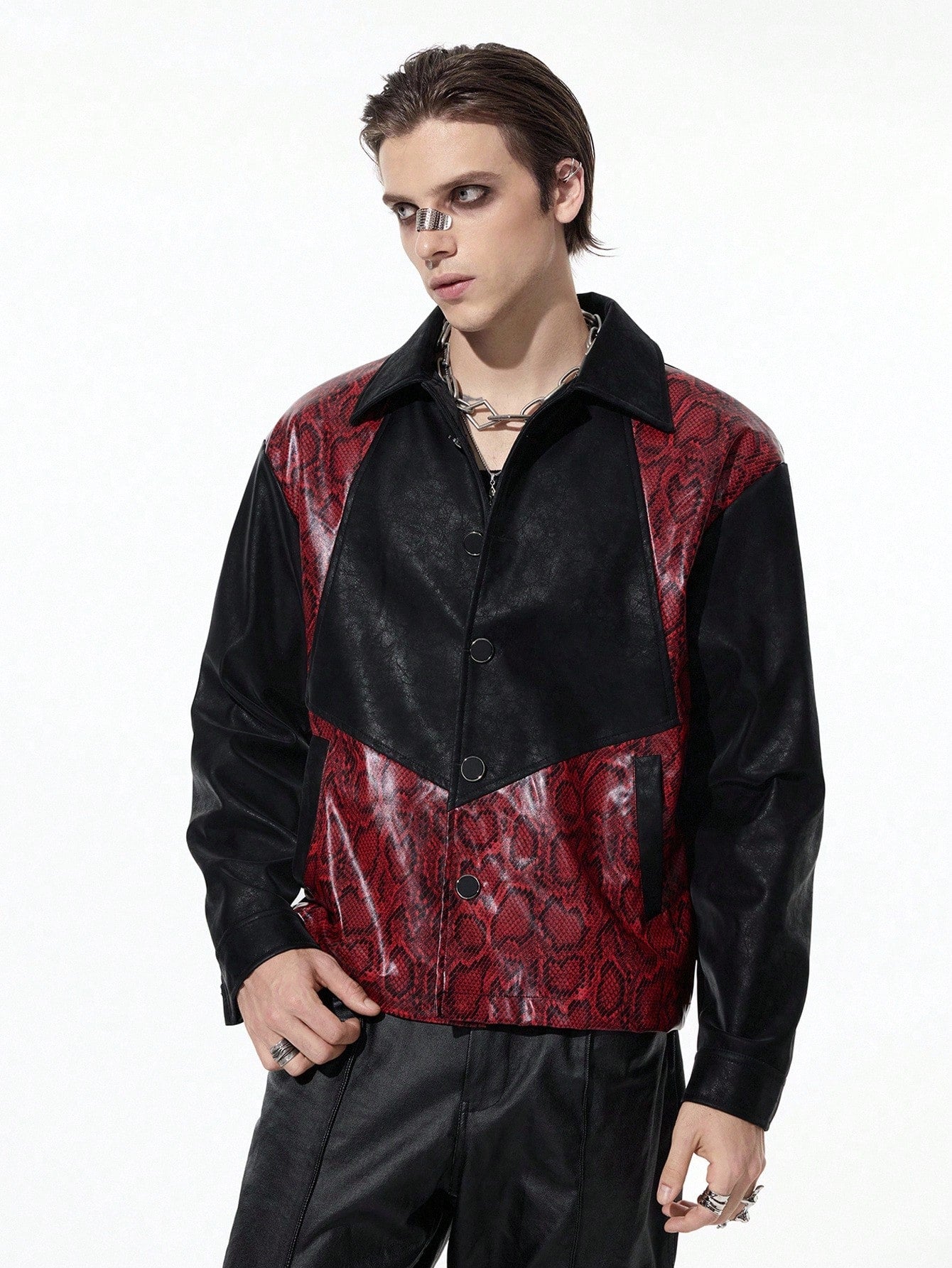 ROMWE MEN Goth Men's Patchwork Fashion Long Sleeve Vampire Style PU Leather Jacket, Fall Winter