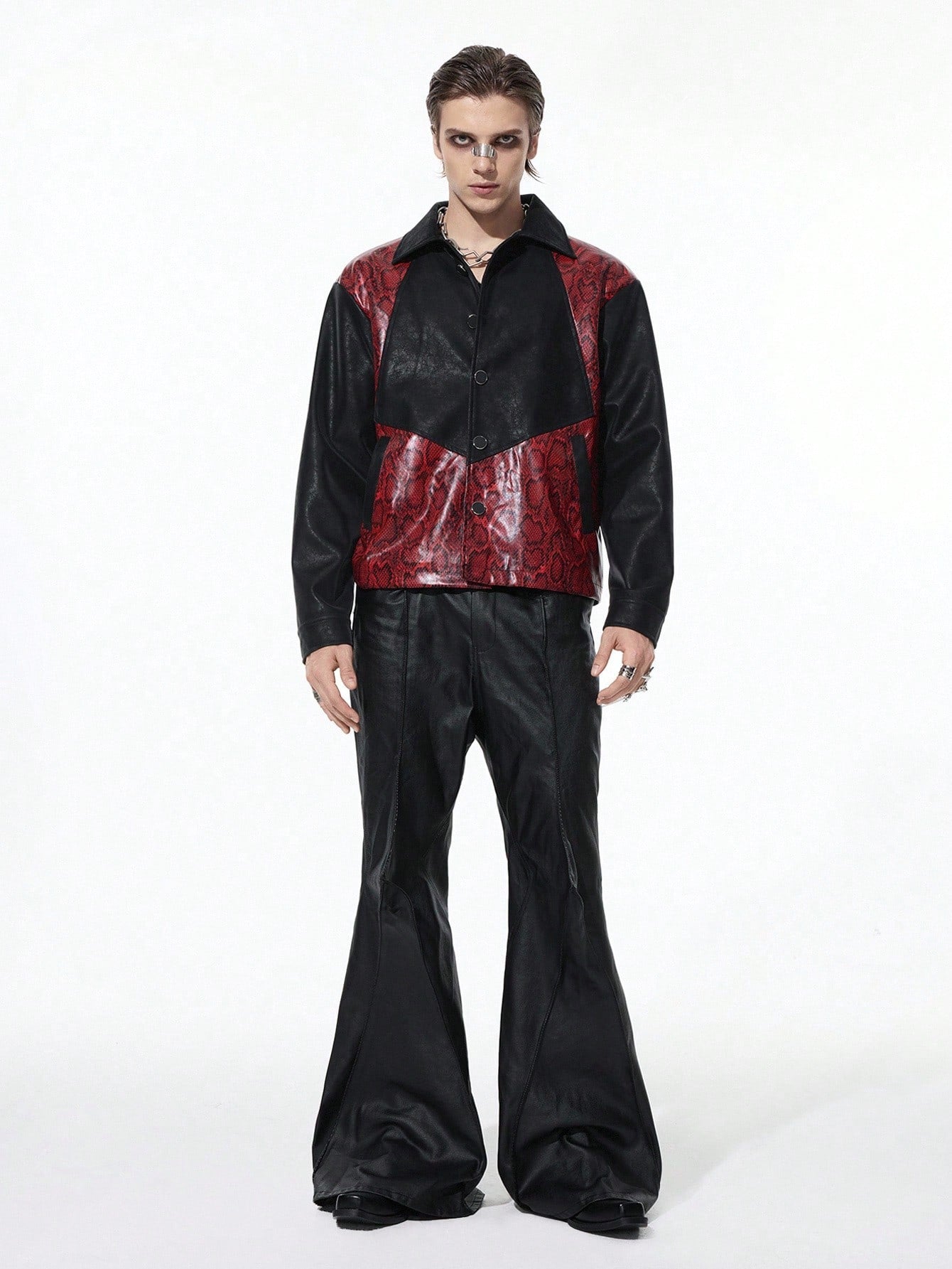ROMWE MEN Goth Men's Patchwork Fashion Long Sleeve Vampire Style PU Leather Jacket, Fall Winter