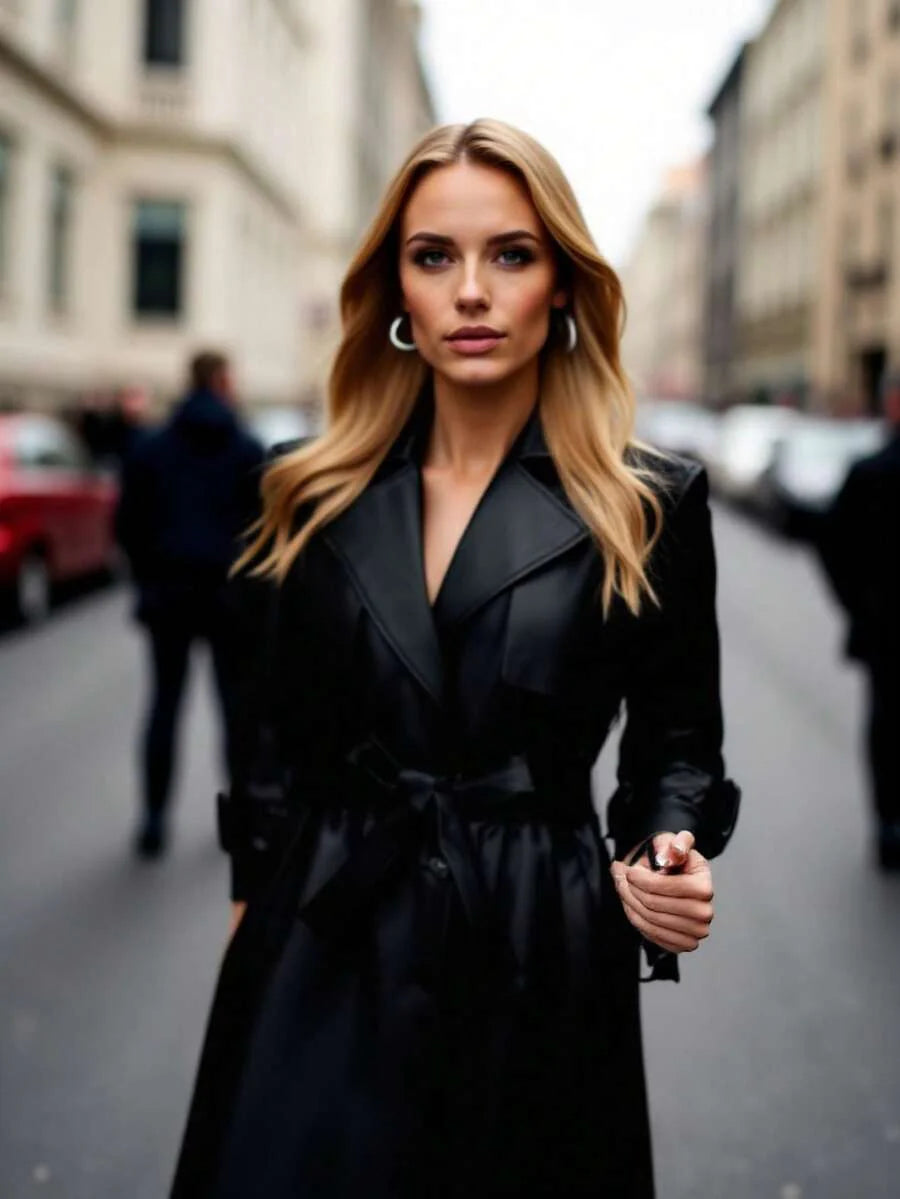 Women's Spring/Autumn PU Long Jacket, Chic Lightweight Trench Coat With Adjustable Belt - Versatile Commuter Jacket