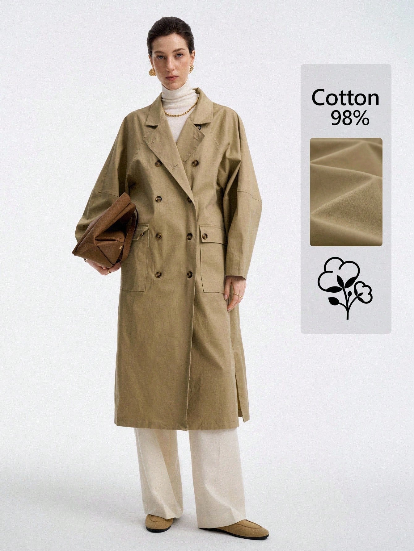 Aalyst Women's French Elegant Minimalist High-End Casual Vacation Commute Comfortable Solid Twill Fabric Stand Collar Double-Breasted Drop Shoulder With Pockets Side Slit Long Sleeve Utility Long Jacket, Spring/Autumn/Winter