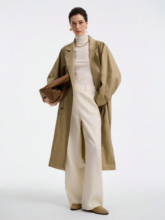 Aalyst Women's French Elegant Minimalist High-End Casual Vacation Commute Comfortable Solid Twill Fabric Stand Collar Double-Breasted Drop Shoulder With Pockets Side Slit Long Sleeve Utility Long Jacket, Spring/Autumn/Winter