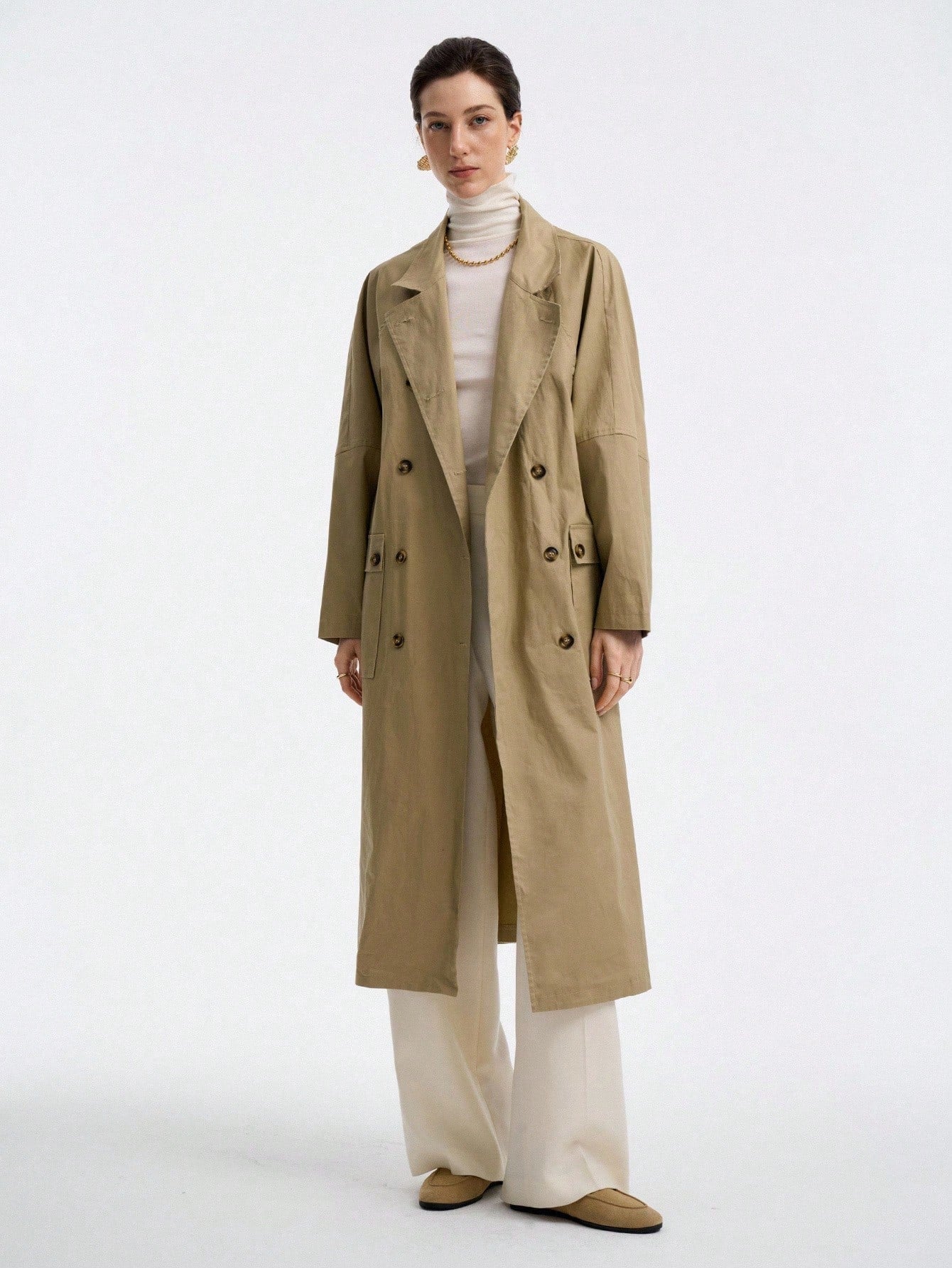 Aalyst Women's French Elegant Minimalist High-End Casual Vacation Commute Comfortable Solid Twill Fabric Stand Collar Double-Breasted Drop Shoulder With Pockets Side Slit Long Sleeve Utility Long Jacket, Spring/Autumn/Winter