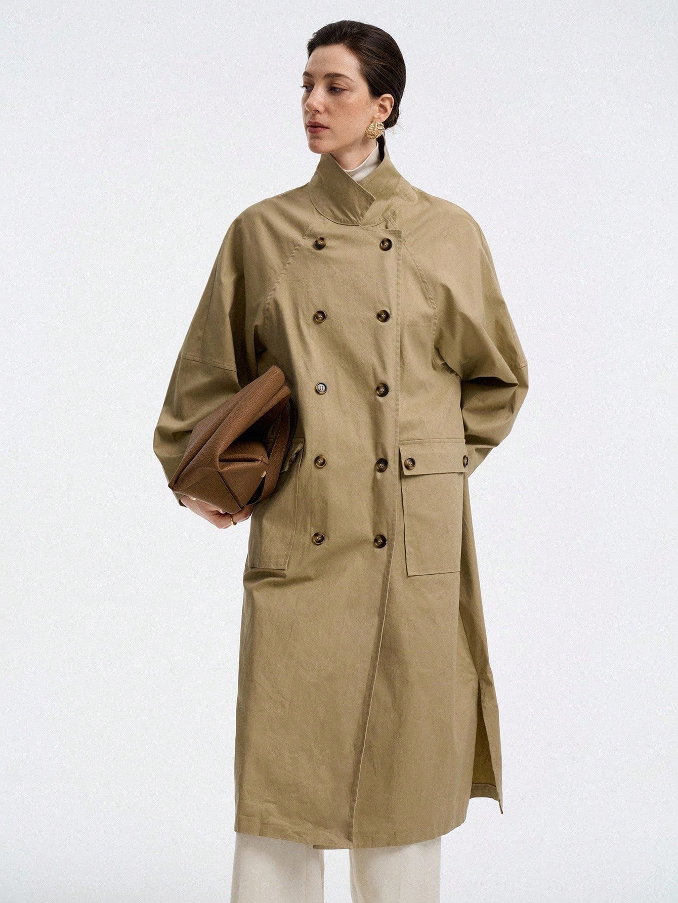 Aalyst Women's French Elegant Minimalist High-End Casual Vacation Commute Comfortable Solid Twill Fabric Stand Collar Double-Breasted Drop Shoulder With Pockets Side Slit Long Sleeve Utility Long Jacket, Spring/Autumn/Winter