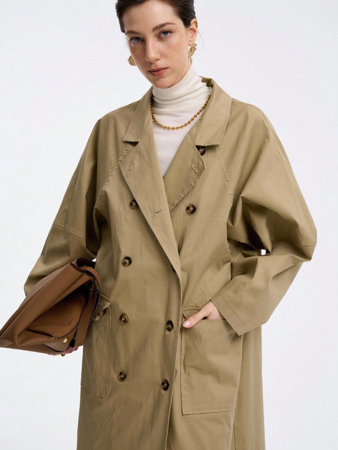 Aalyst Women's French Elegant Minimalist High-End Casual Vacation Commute Comfortable Solid Twill Fabric Stand Collar Double-Breasted Drop Shoulder With Pockets Side Slit Long Sleeve Utility Long Jacket, Spring/Autumn/Winter
