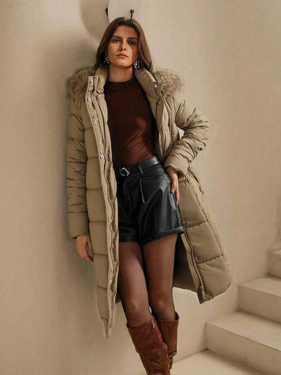 Risissida Women's Casual Hooded Jacket With Pockets, Lightweight Faux Fur Lined Quilted Trench Coat, Fall Daily Wear Winter Coat