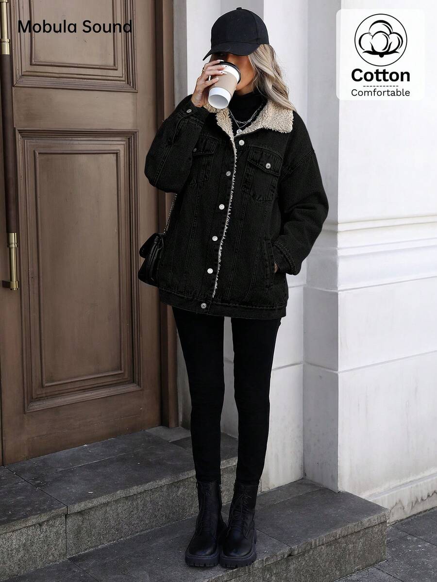 Mobula Sound Middle Eastern Versatile Casual Sports Fashion Women Spring Autumn Winter Warm Fleece Windproof Lady Blue Y2K Student College Young Style Denim Jacket