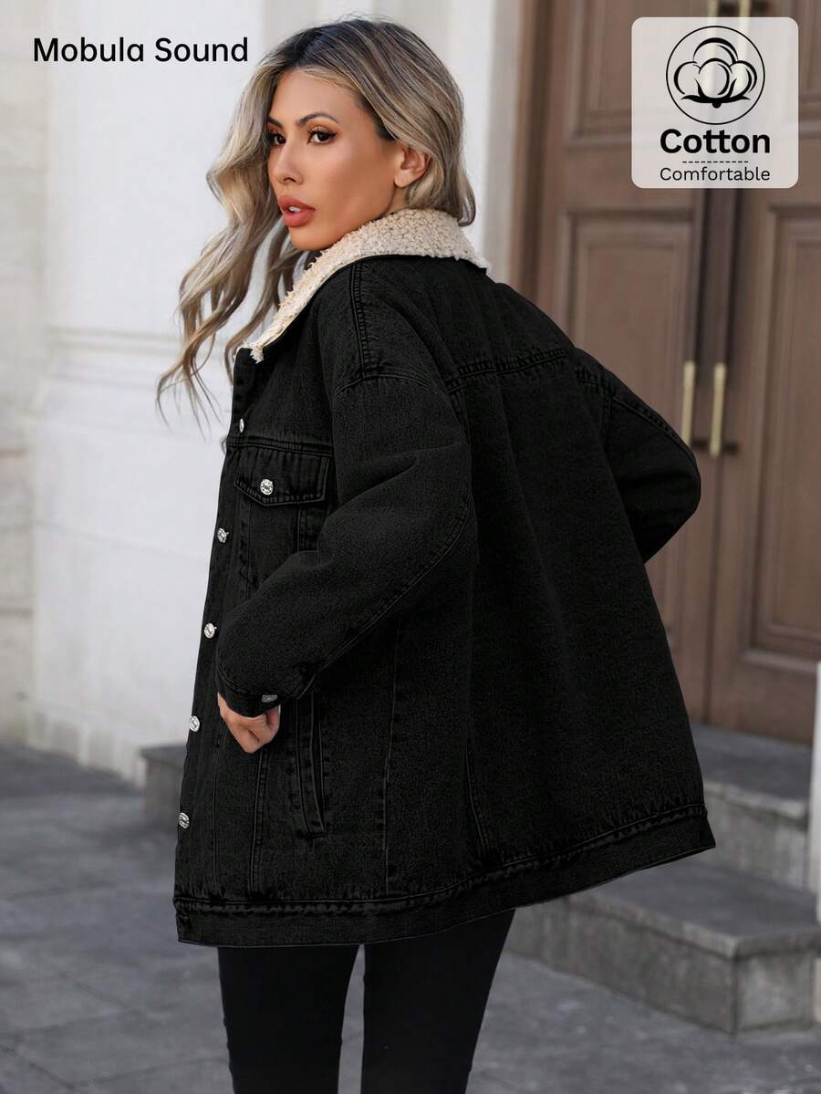Mobula Sound Middle Eastern Versatile Casual Sports Fashion Women Spring Autumn Winter Warm Fleece Windproof Lady Blue Y2K Student College Young Style Denim Jacket