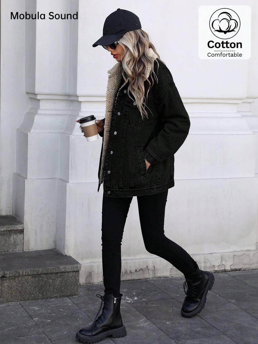 Mobula Sound Middle Eastern Versatile Casual Sports Fashion Women Spring Autumn Winter Warm Fleece Windproof Lady Blue Y2K Student College Young Style Denim Jacket