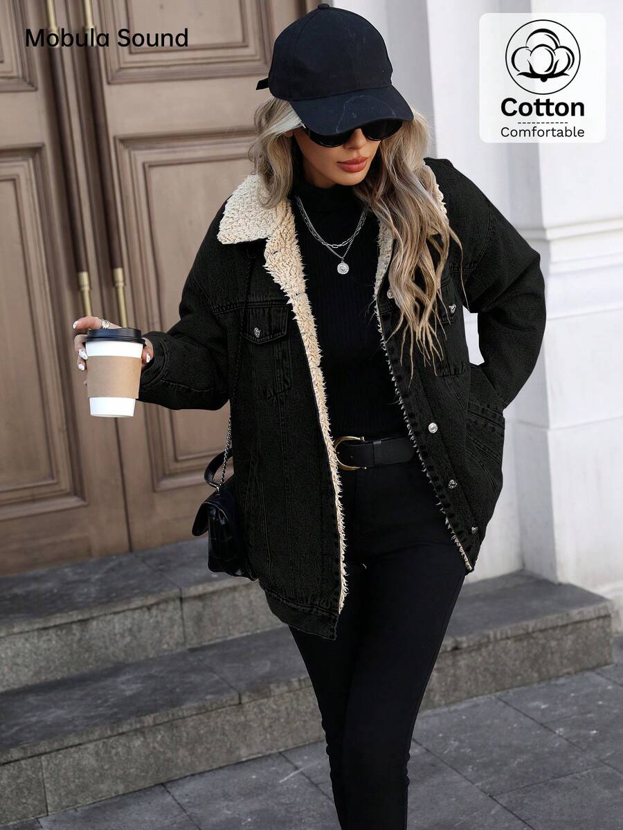 Mobula Sound Middle Eastern Versatile Casual Sports Fashion Women Spring Autumn Winter Warm Fleece Windproof Lady Blue Y2K Student College Young Style Denim Jacket