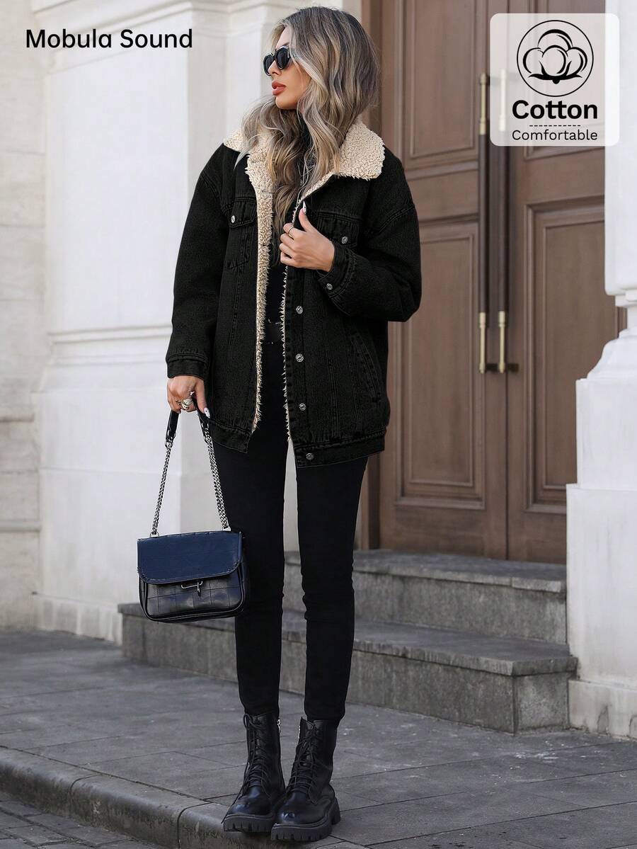 Mobula Sound Middle Eastern Versatile Casual Sports Fashion Women Spring Autumn Winter Warm Fleece Windproof Lady Blue Y2K Student College Young Style Denim Jacket