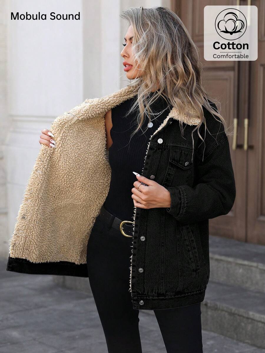 Mobula Sound Middle Eastern Versatile Casual Sports Fashion Women Spring Autumn Winter Warm Fleece Windproof Lady Blue Y2K Student College Young Style Denim Jacket