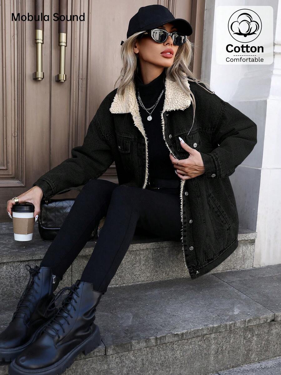 Mobula Sound Middle Eastern Versatile Casual Sports Fashion Women Spring Autumn Winter Warm Fleece Windproof Lady Blue Y2K Student College Young Style Denim Jacket