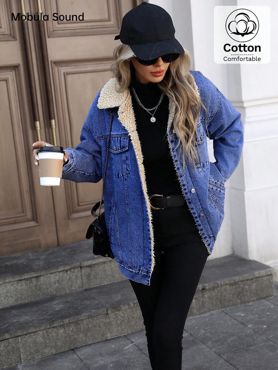 Mobula Sound Middle Eastern Versatile Casual Sports Fashion Women Spring Autumn Winter Warm Fleece Windproof Lady Blue Y2K Student College Young Style Denim Jacket