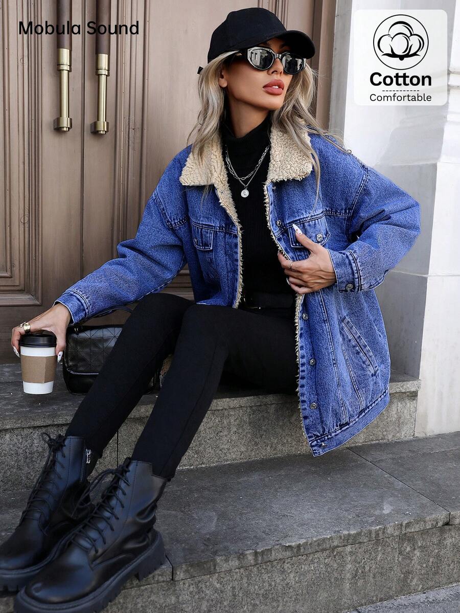 Mobula Sound Middle Eastern Versatile Casual Sports Fashion Women Spring Autumn Winter Warm Fleece Windproof Lady Blue Y2K Student College Young Style Denim Jacket