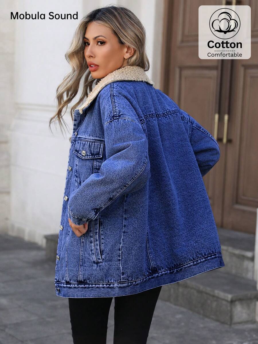 Mobula Sound Middle Eastern Versatile Casual Sports Fashion Women Spring Autumn Winter Warm Fleece Windproof Lady Blue Y2K Student College Young Style Denim Jacket