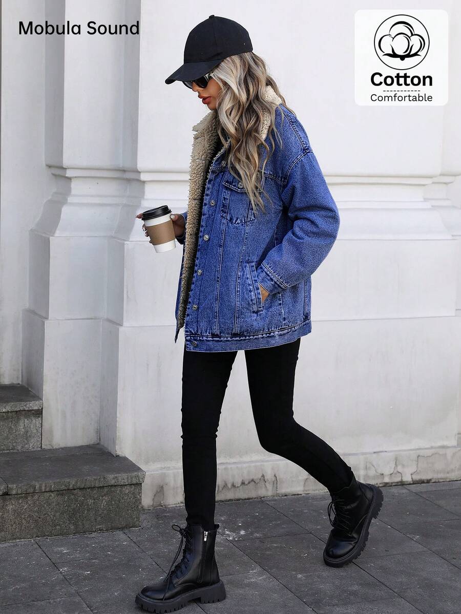 Mobula Sound Middle Eastern Versatile Casual Sports Fashion Women Spring Autumn Winter Warm Fleece Windproof Lady Blue Y2K Student College Young Style Denim Jacket