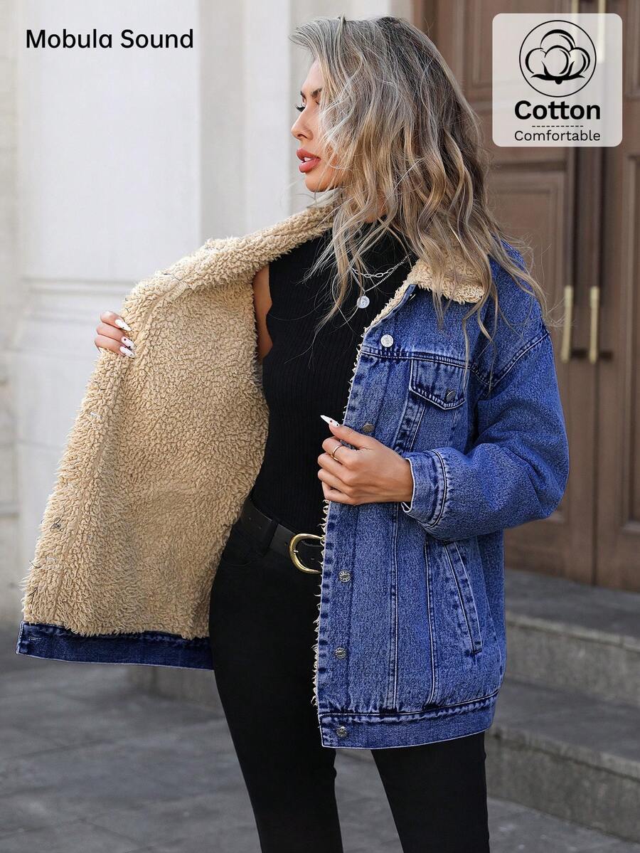 Mobula Sound Middle Eastern Versatile Casual Sports Fashion Women Spring Autumn Winter Warm Fleece Windproof Lady Blue Y2K Student College Young Style Denim Jacket
