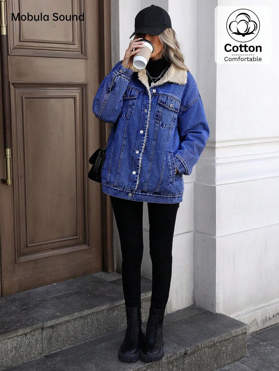 Mobula Sound Middle Eastern Versatile Casual Sports Fashion Women Spring Autumn Winter Warm Fleece Windproof Lady Blue Y2K Student College Young Style Denim Jacket
