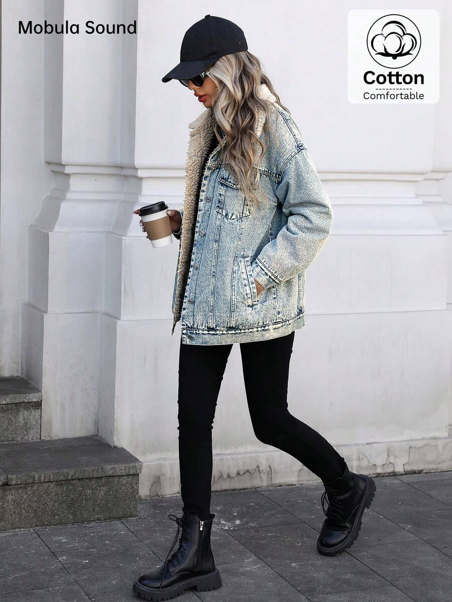 Mobula Sound Middle Eastern Versatile Casual Sports Fashion Women Spring Autumn Winter Warm Fleece Windproof Lady Blue Y2K Student College Young Style Denim Jacket