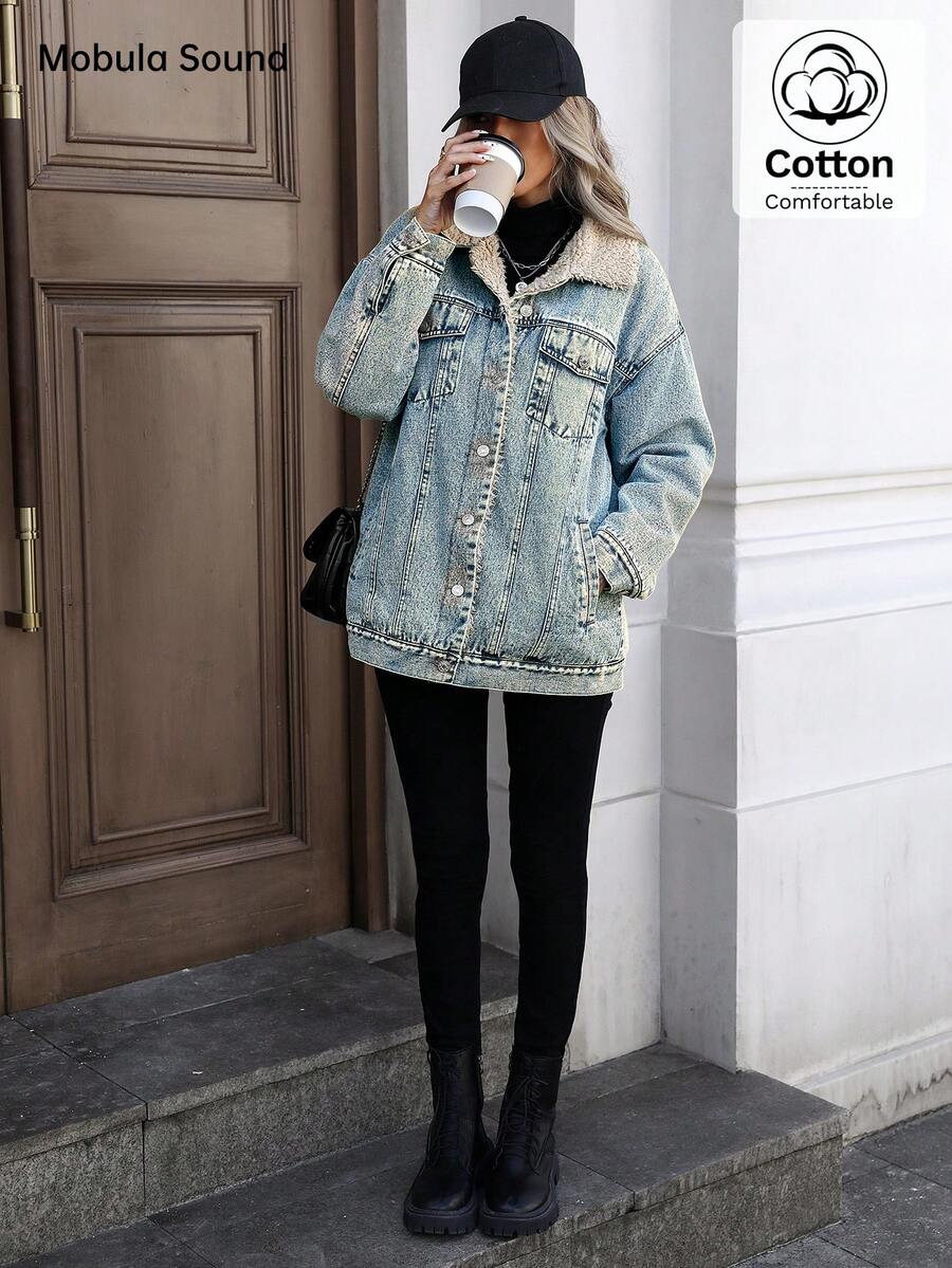 Mobula Sound Middle Eastern Versatile Casual Sports Fashion Women Spring Autumn Winter Warm Fleece Windproof Lady Blue Y2K Student College Young Style Denim Jacket