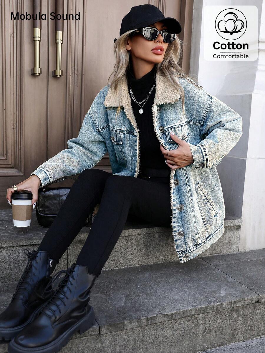 Mobula Sound Middle Eastern Versatile Casual Sports Fashion Women Spring Autumn Winter Warm Fleece Windproof Lady Blue Y2K Student College Young Style Denim Jacket