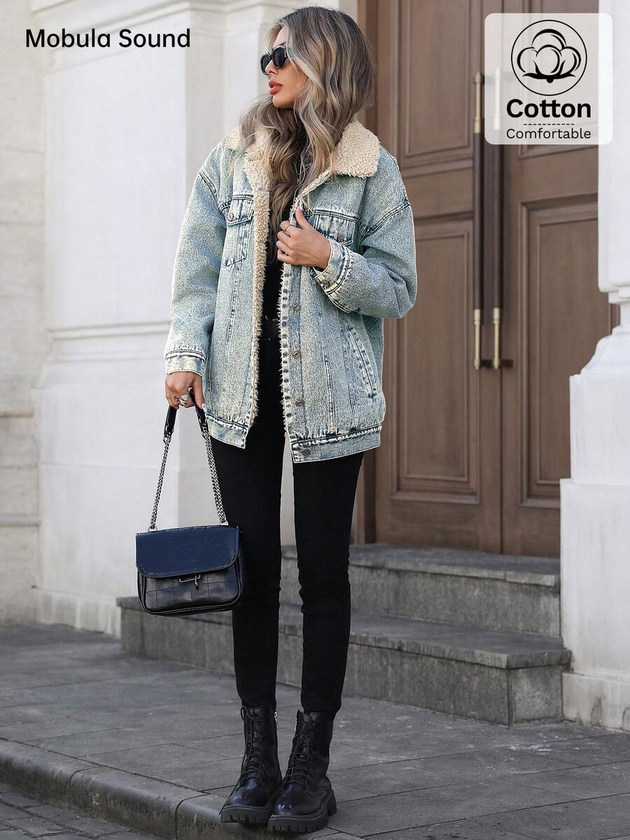Mobula Sound Middle Eastern Versatile Casual Sports Fashion Women Spring Autumn Winter Warm Fleece Windproof Lady Blue Y2K Student College Young Style Denim Jacket