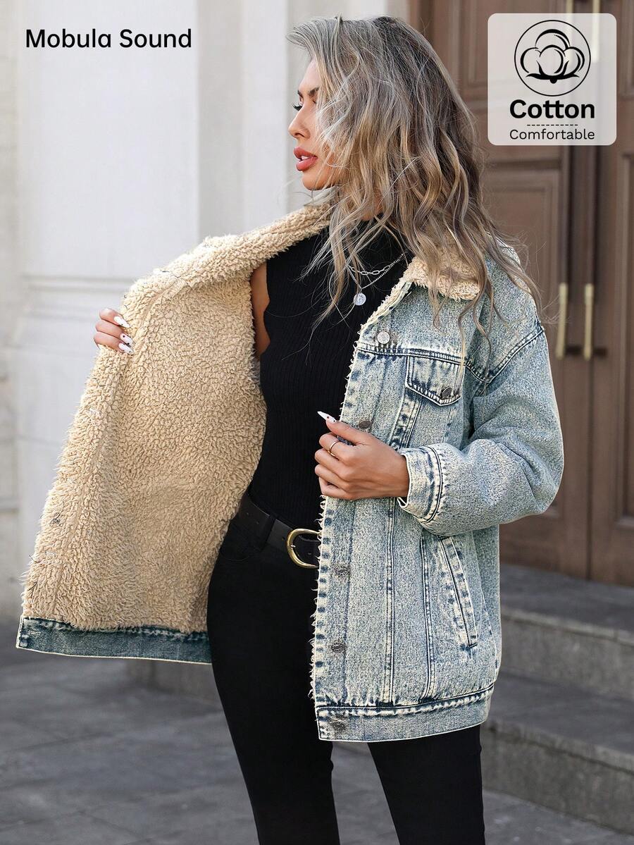 Mobula Sound Middle Eastern Versatile Casual Sports Fashion Women Spring Autumn Winter Warm Fleece Windproof Lady Blue Y2K Student College Young Style Denim Jacket