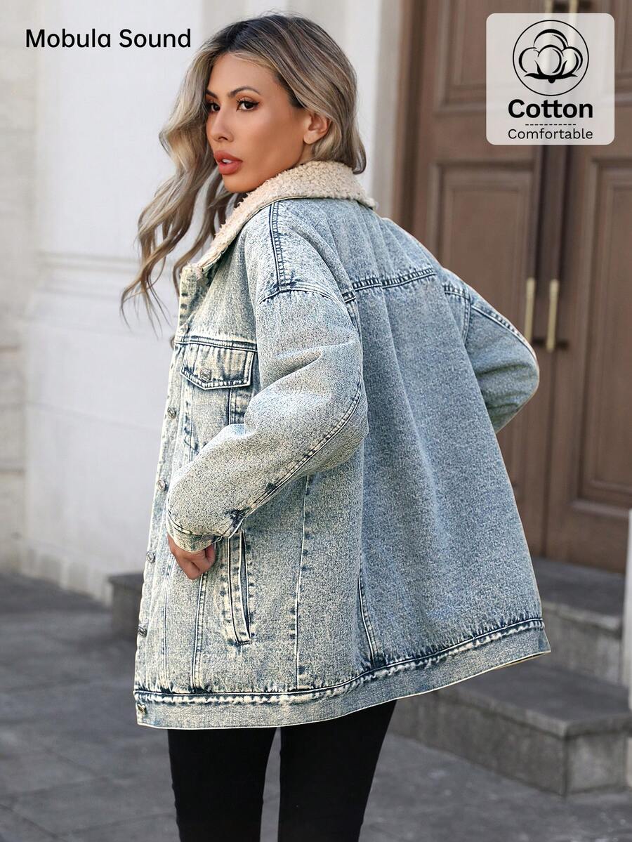 Mobula Sound Middle Eastern Versatile Casual Sports Fashion Women Spring Autumn Winter Warm Fleece Windproof Lady Blue Y2K Student College Young Style Denim Jacket
