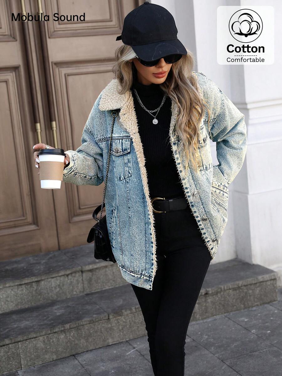 Mobula Sound Middle Eastern Versatile Casual Sports Fashion Women Spring Autumn Winter Warm Fleece Windproof Lady Blue Y2K Student College Young Style Denim Jacket