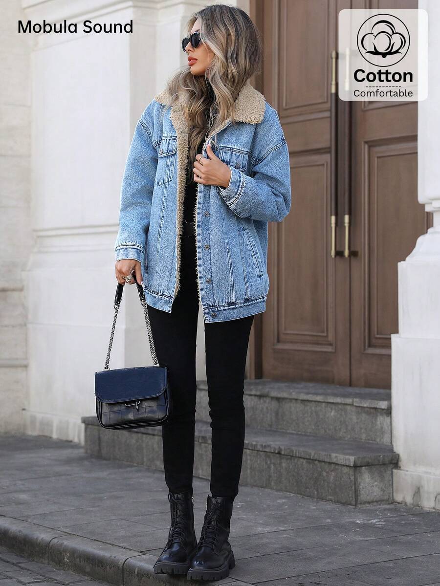 Mobula Sound Middle Eastern Versatile Casual Sports Fashion Women Spring Autumn Winter Warm Fleece Windproof Lady Blue Y2K Student College Young Style Denim Jacket