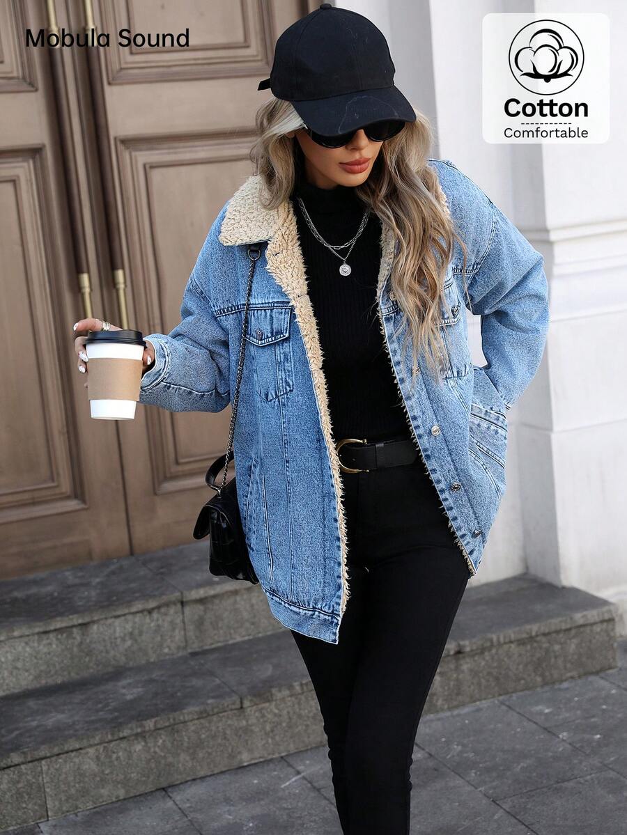 Mobula Sound Middle Eastern Versatile Casual Sports Fashion Women Spring Autumn Winter Warm Fleece Windproof Lady Blue Y2K Student College Young Style Denim Jacket