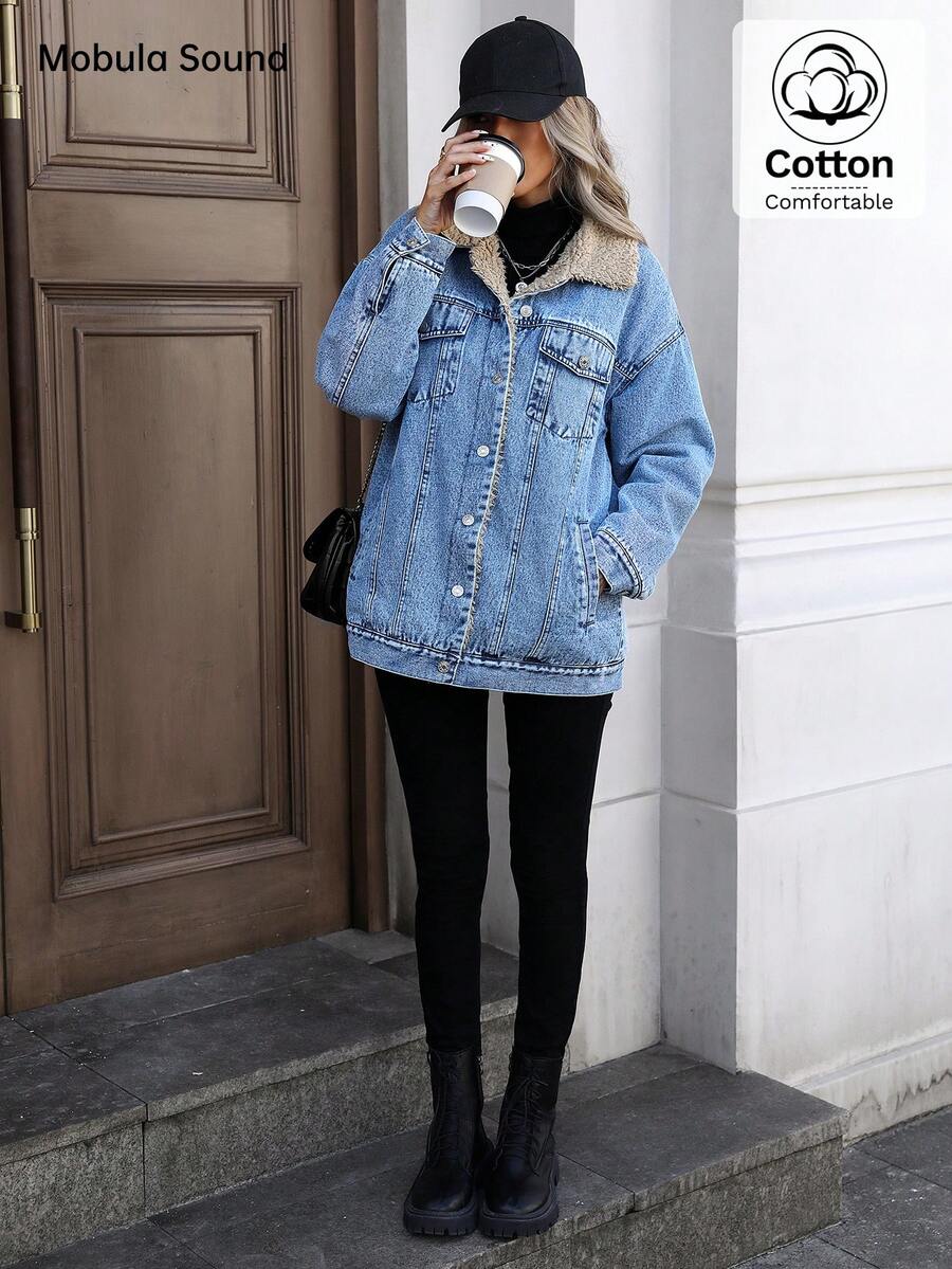 Mobula Sound Middle Eastern Versatile Casual Sports Fashion Women Spring Autumn Winter Warm Fleece Windproof Lady Blue Y2K Student College Young Style Denim Jacket