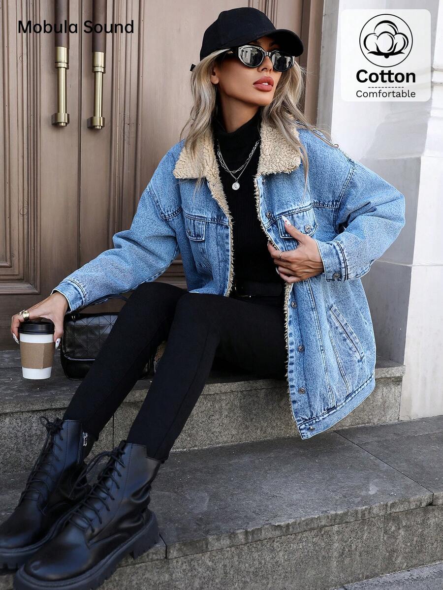 Mobula Sound Middle Eastern Versatile Casual Sports Fashion Women Spring Autumn Winter Warm Fleece Windproof Lady Blue Y2K Student College Young Style Denim Jacket