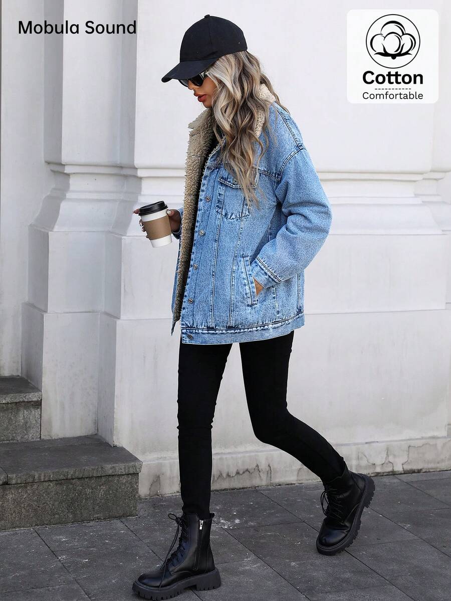 Mobula Sound Middle Eastern Versatile Casual Sports Fashion Women Spring Autumn Winter Warm Fleece Windproof Lady Blue Y2K Student College Young Style Denim Jacket