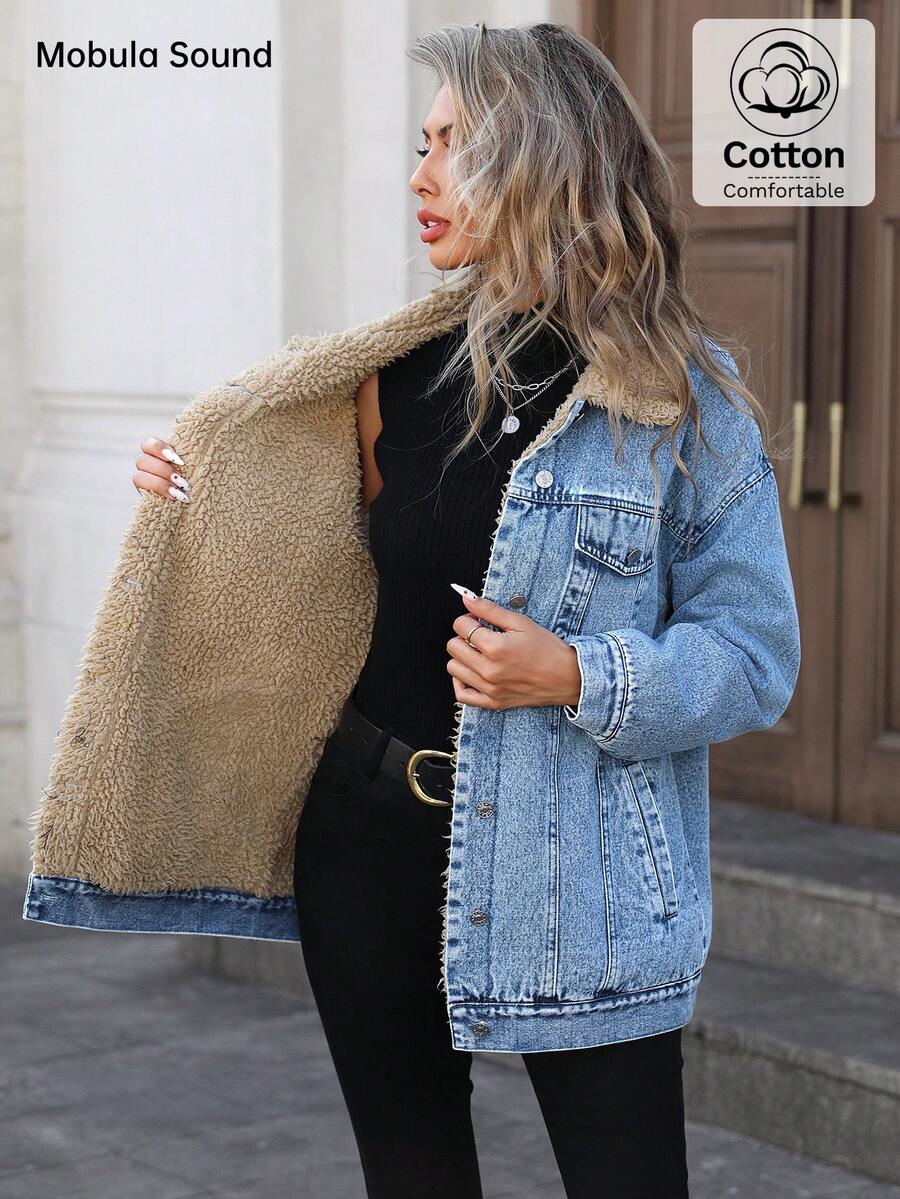 Mobula Sound Middle Eastern Versatile Casual Sports Fashion Women Spring Autumn Winter Warm Fleece Windproof Lady Blue Y2K Student College Young Style Denim Jacket