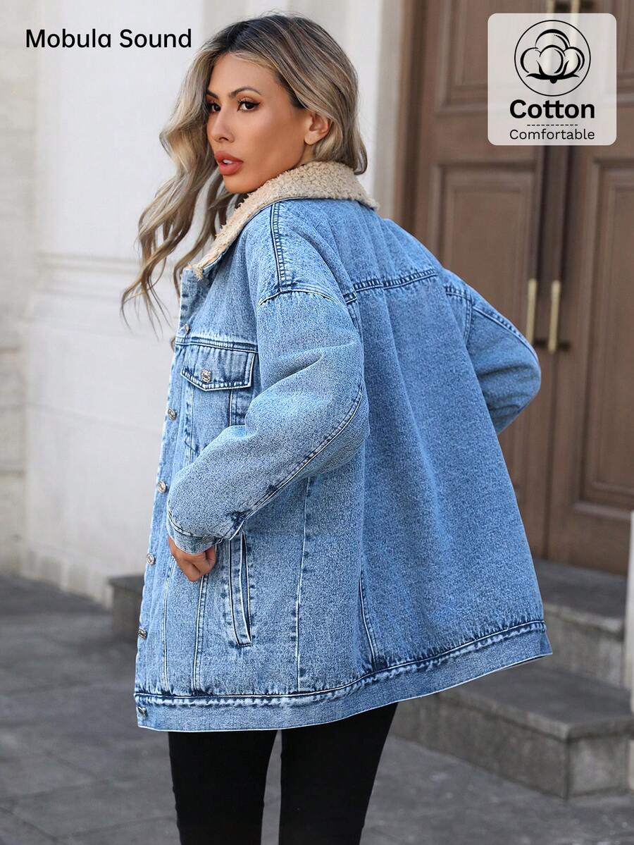 Mobula Sound Middle Eastern Versatile Casual Sports Fashion Women Spring Autumn Winter Warm Fleece Windproof Lady Blue Y2K Student College Young Style Denim Jacket