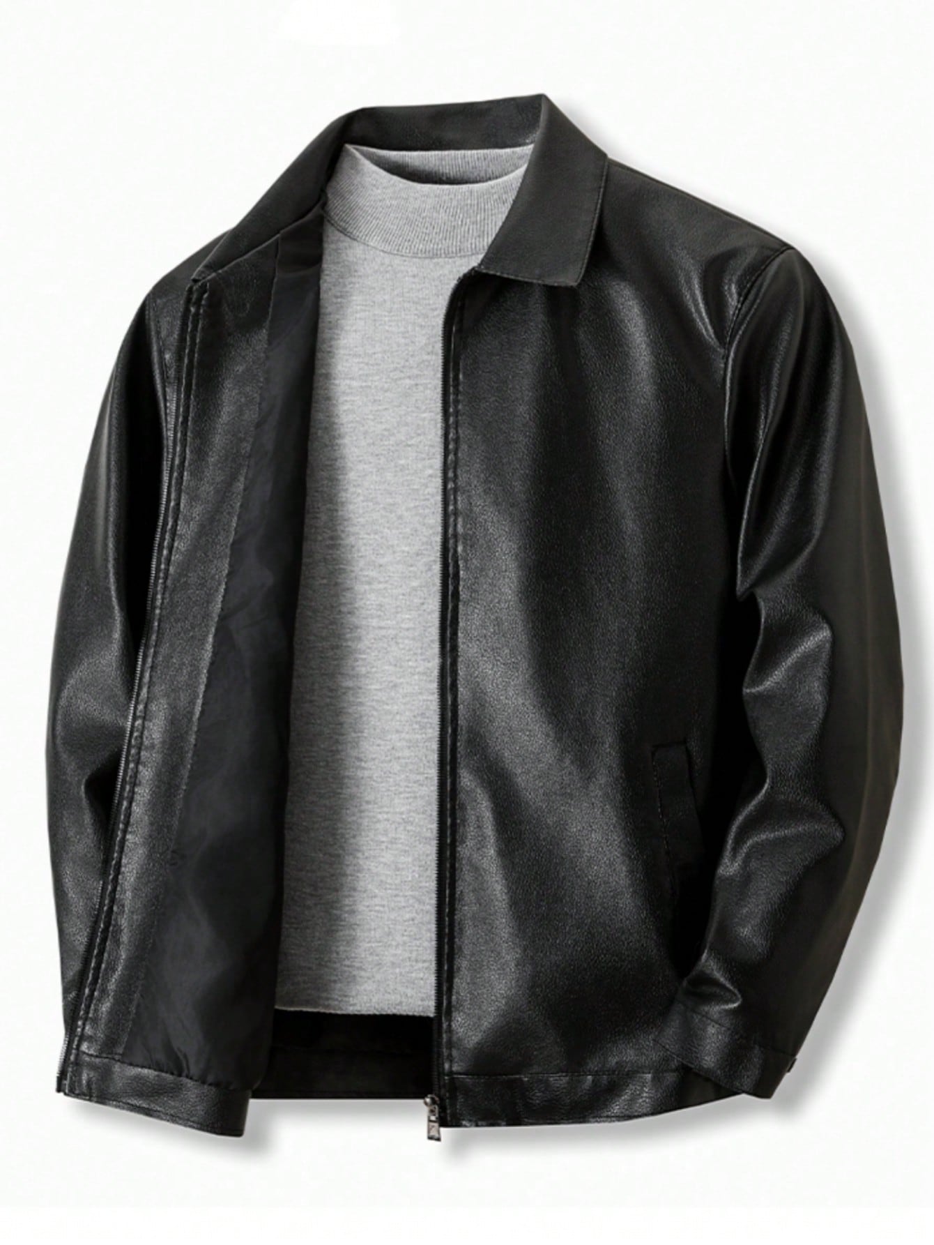 Men's Autumn/Winter Turndown Collar Drop Shoulder Long Sleeve Zip-Up PU Leather Jacket, Grunge
