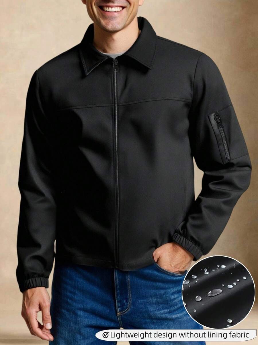 Manfinity Homme Men's Solid Color Zip-Up Casual Outdoor Windbreaker Jacket, Men's Black Jacket, Men's Teachwear Jacket