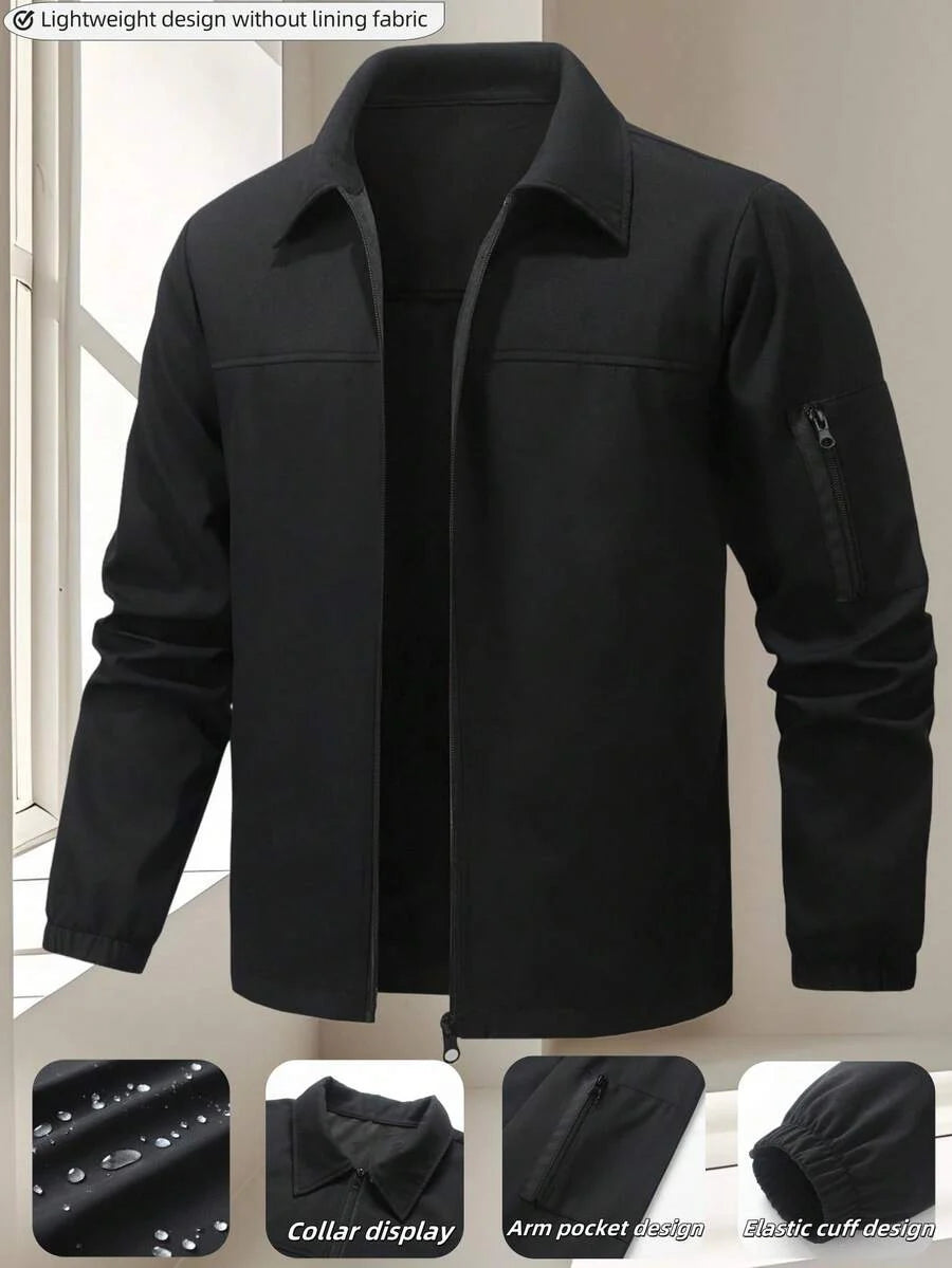 Manfinity Homme Men's Solid Color Zip-Up Casual Outdoor Windbreaker Jacket, Men's Black Jacket, Men's Teachwear Jacket