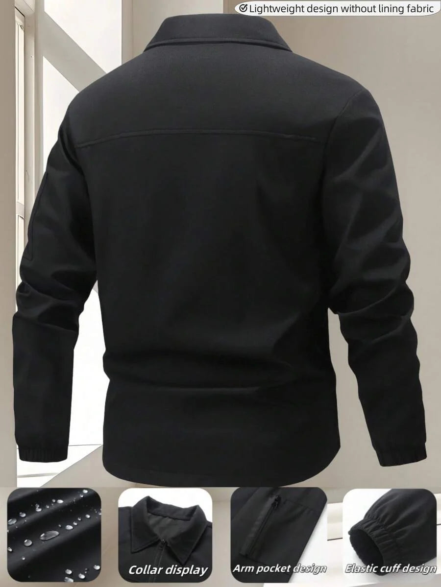 Manfinity Homme Men's Solid Color Zip-Up Casual Outdoor Windbreaker Jacket, Men's Black Jacket, Men's Teachwear Jacket
