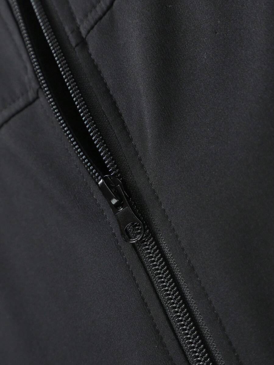 Manfinity Homme Men's Solid Color Zip-Up Casual Outdoor Windbreaker Jacket, Men's Black Jacket, Men's Teachwear Jacket