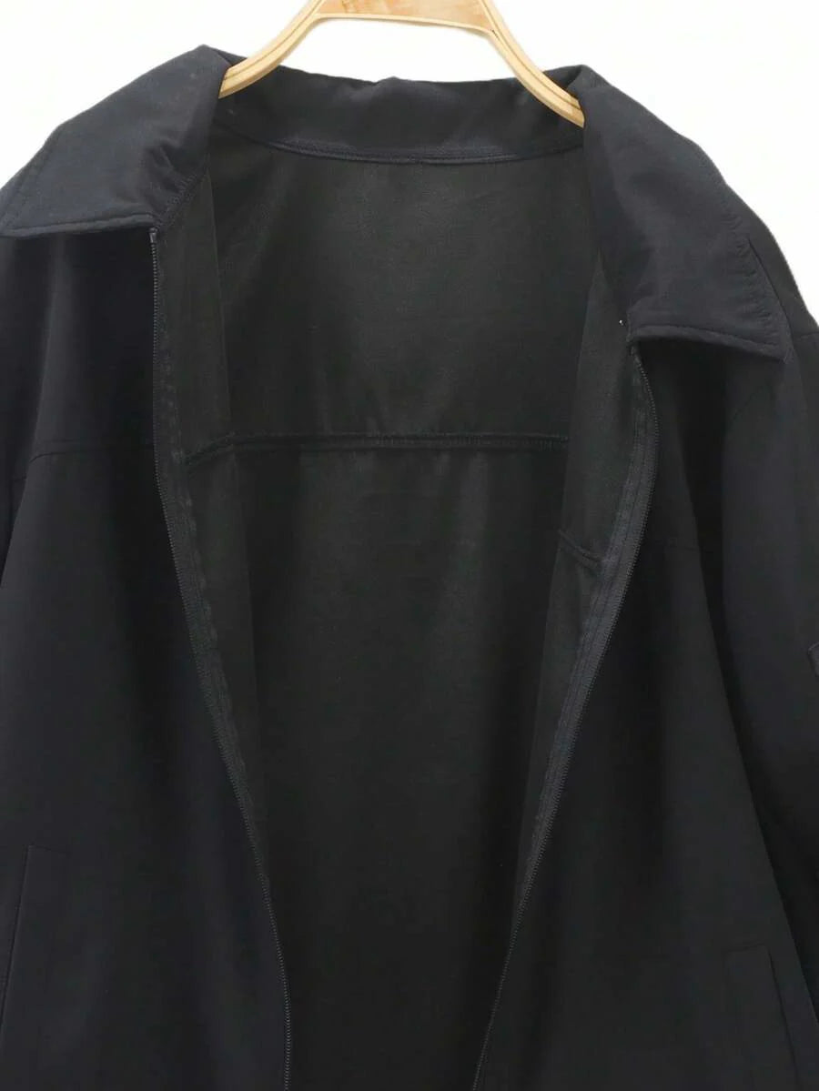 Manfinity Homme Men's Solid Color Zip-Up Casual Outdoor Windbreaker Jacket, Men's Black Jacket, Men's Teachwear Jacket
